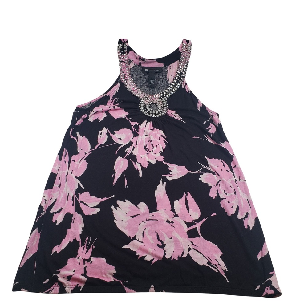 INC Womens Floral Embellished Tank‎ Top L Black Pink Rhinestone Neck